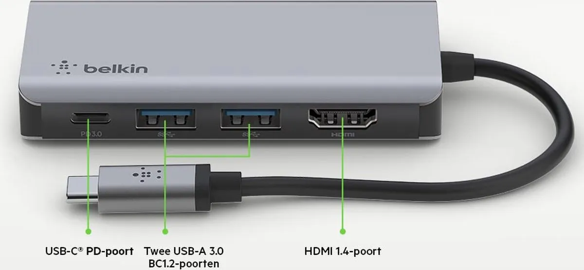 Belkin AVC006btSGY 4-in-1 USB-C Hub - 4K HDMI, Ethernet, USB-A 3.0 - 60W - Zwart/Grijs