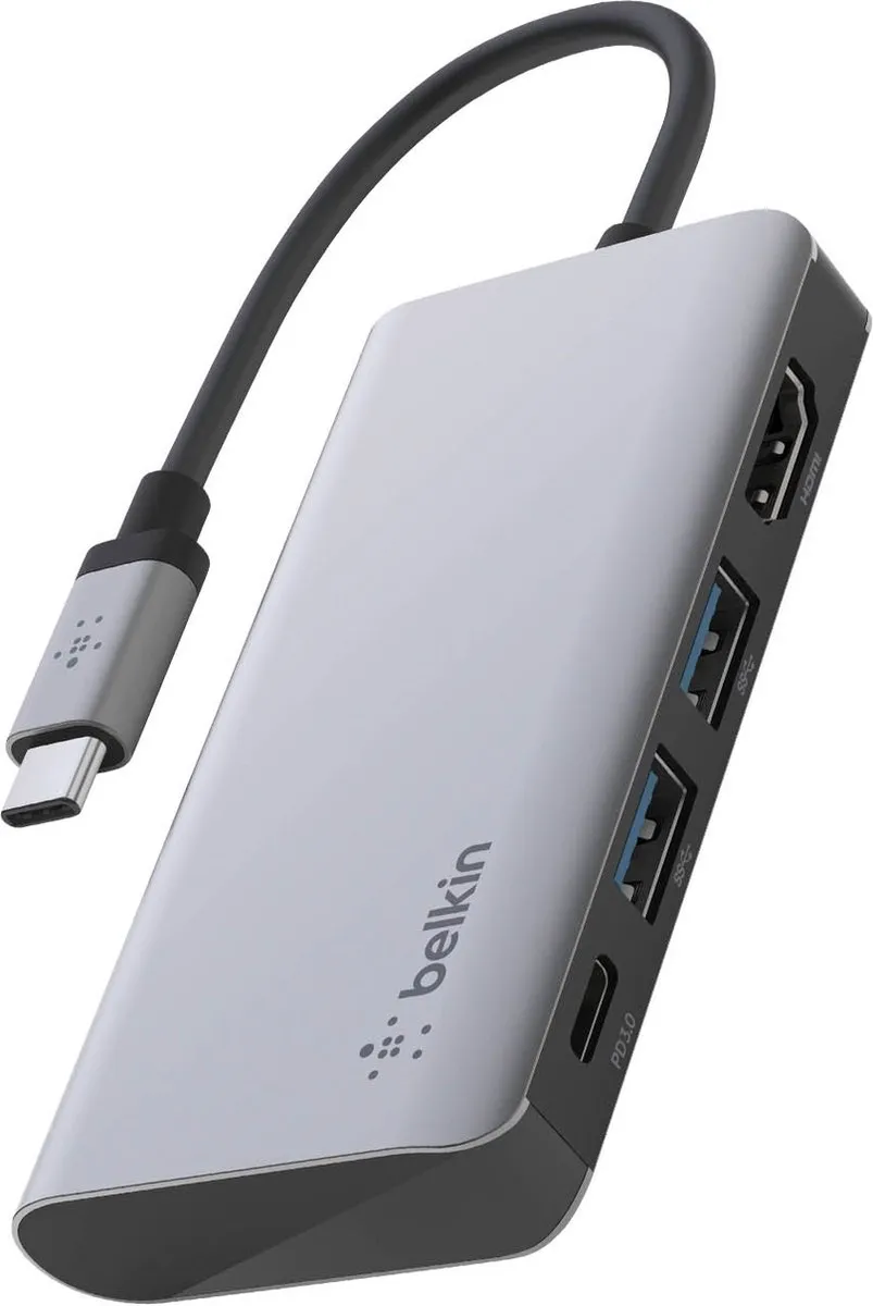 Belkin AVC006btSGY 4-in-1 USB-C Hub - 4K HDMI, Ethernet, USB-A 3.0 - 60W - Zwart/Grijs