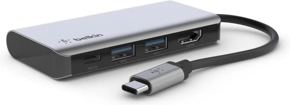 Belkin AVC006btSGY 4-in-1 USB-C Hub - 4K HDMI, Ethernet, USB-A 3.0 - 60W - Zwart/Grijs