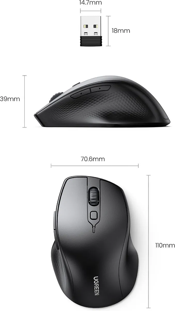 Ugreen MU101 Draadloze Ergonomische Muis - Zwart