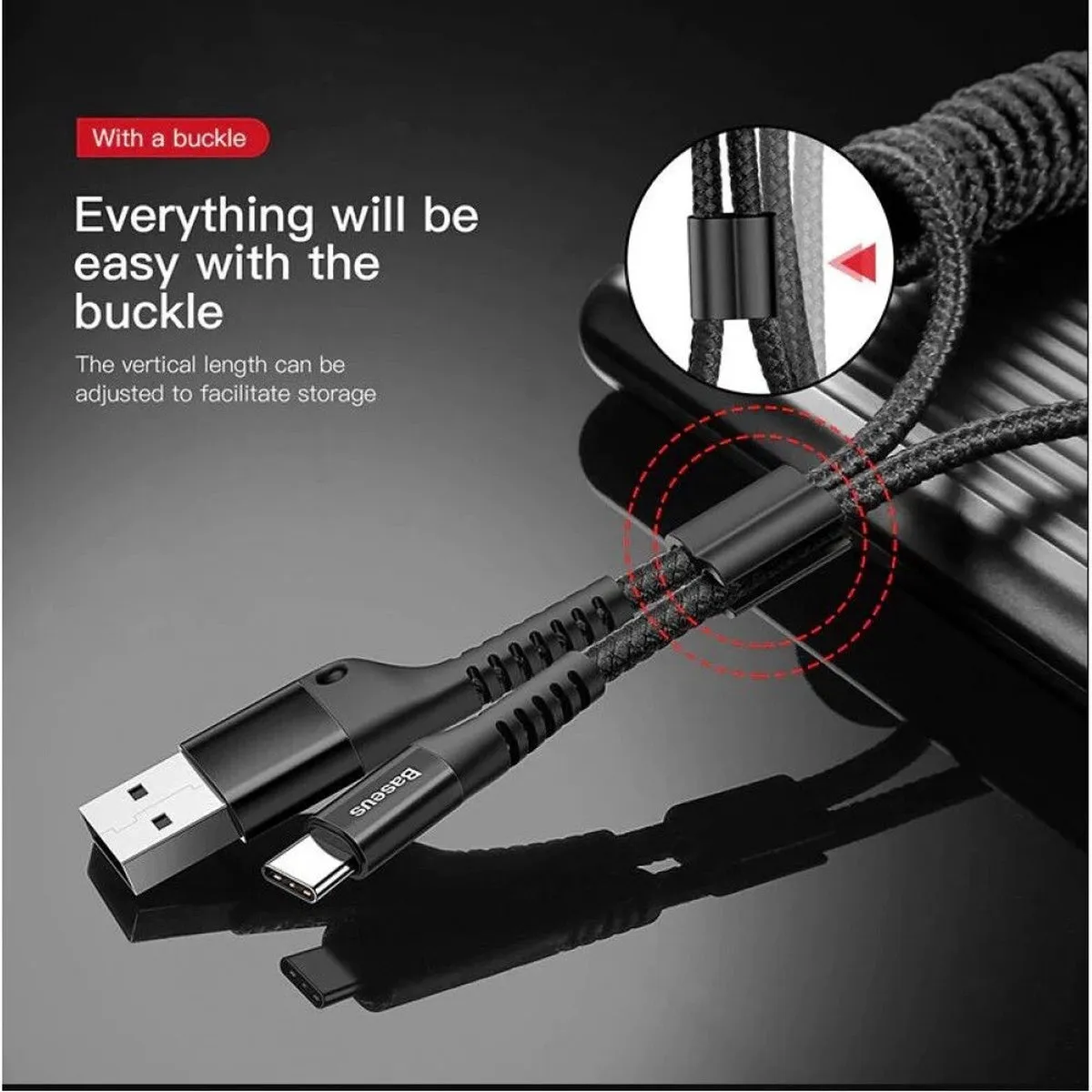 Baseus Fish Eye Spring USB/Lightning-kabel 1M 2A - CALSR-01 - Zwart - afbeelding 6 van 6