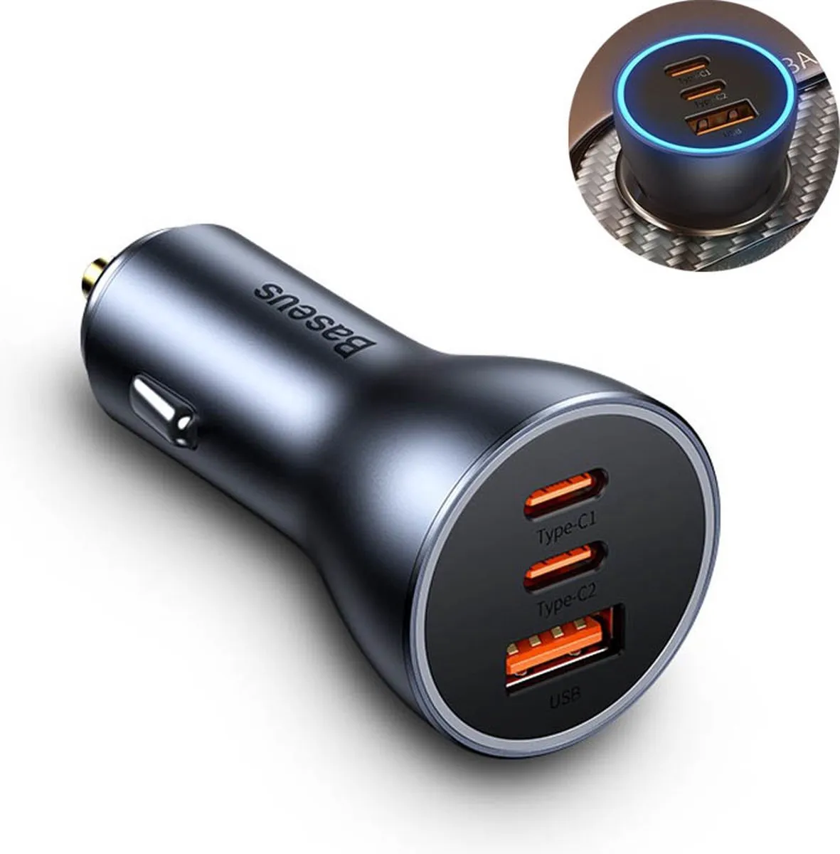 Baseus 3-in-1 Pro Autolader 65W USB-C/USB-A - Zwart