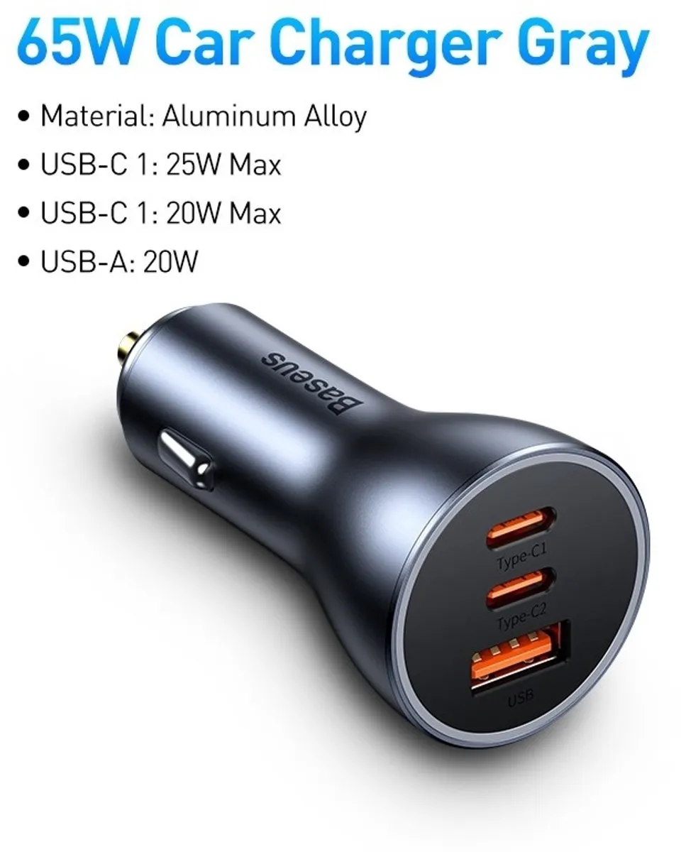 Baseus 3-in-1 Pro Autolader 65W USB-C/USB-A - Zwart