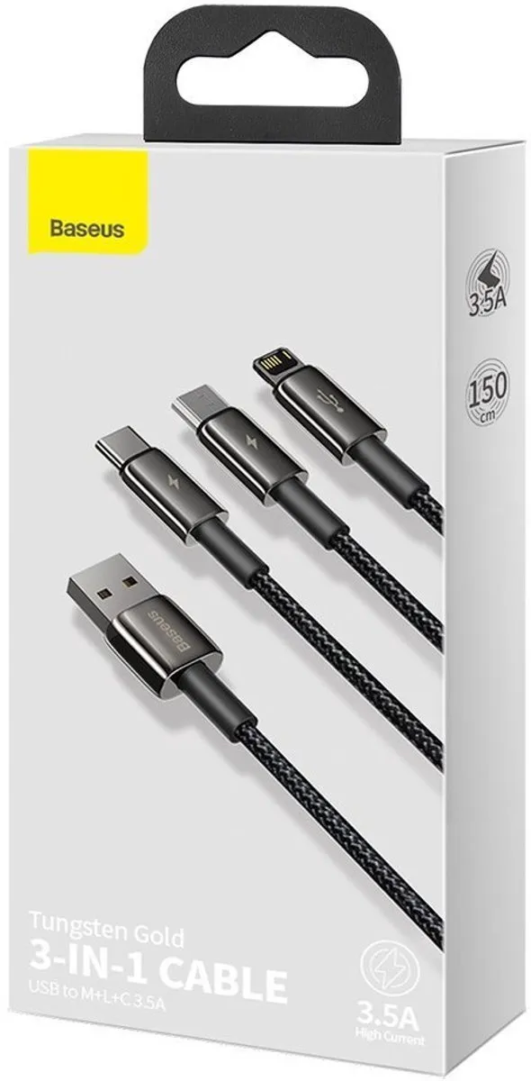 Baseus Tungsten CAMLTWJ-01 3in1 Kabel - USB-C/Lightning/microUSB 3.5A 1.5m - Zwart