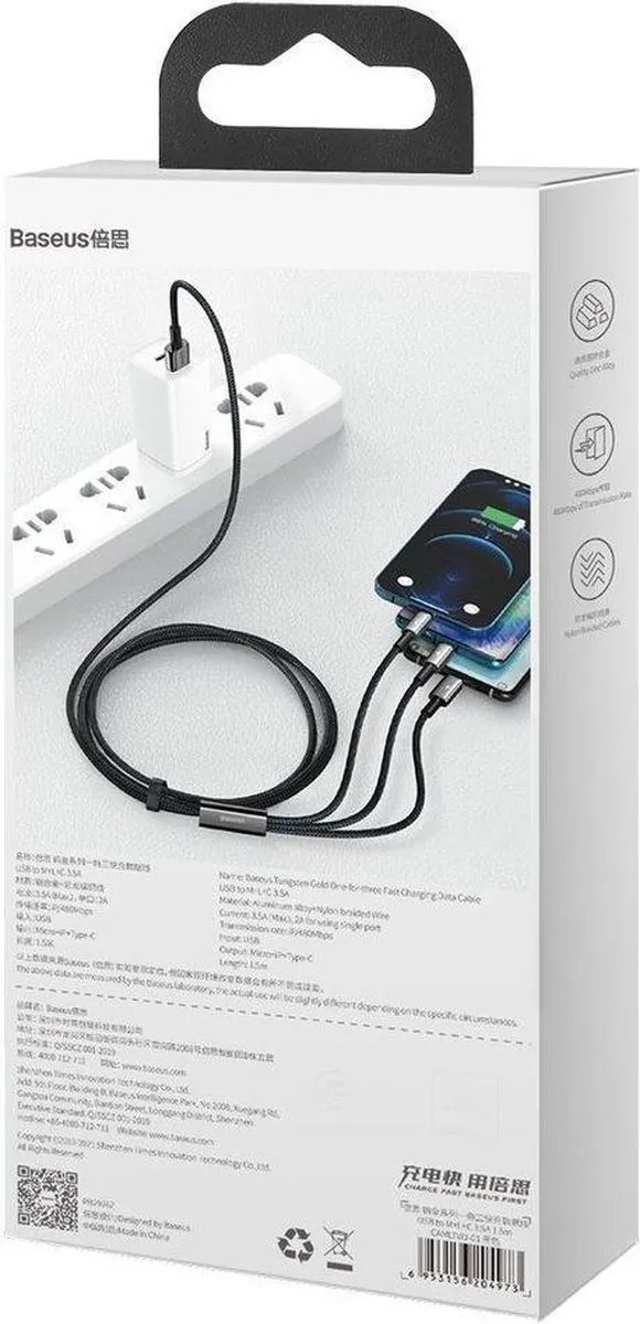 Baseus Tungsten CAMLTWJ-01 3in1 Kabel - USB-C/Lightning/microUSB 3.5A 1.5m - Zwart