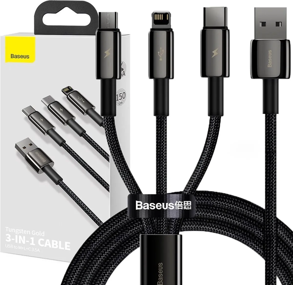 Baseus Tungsten CAMLTWJ-01 3in1 Kabel - USB-C/Lightning/microUSB 3.5A 1.5m - Zwart