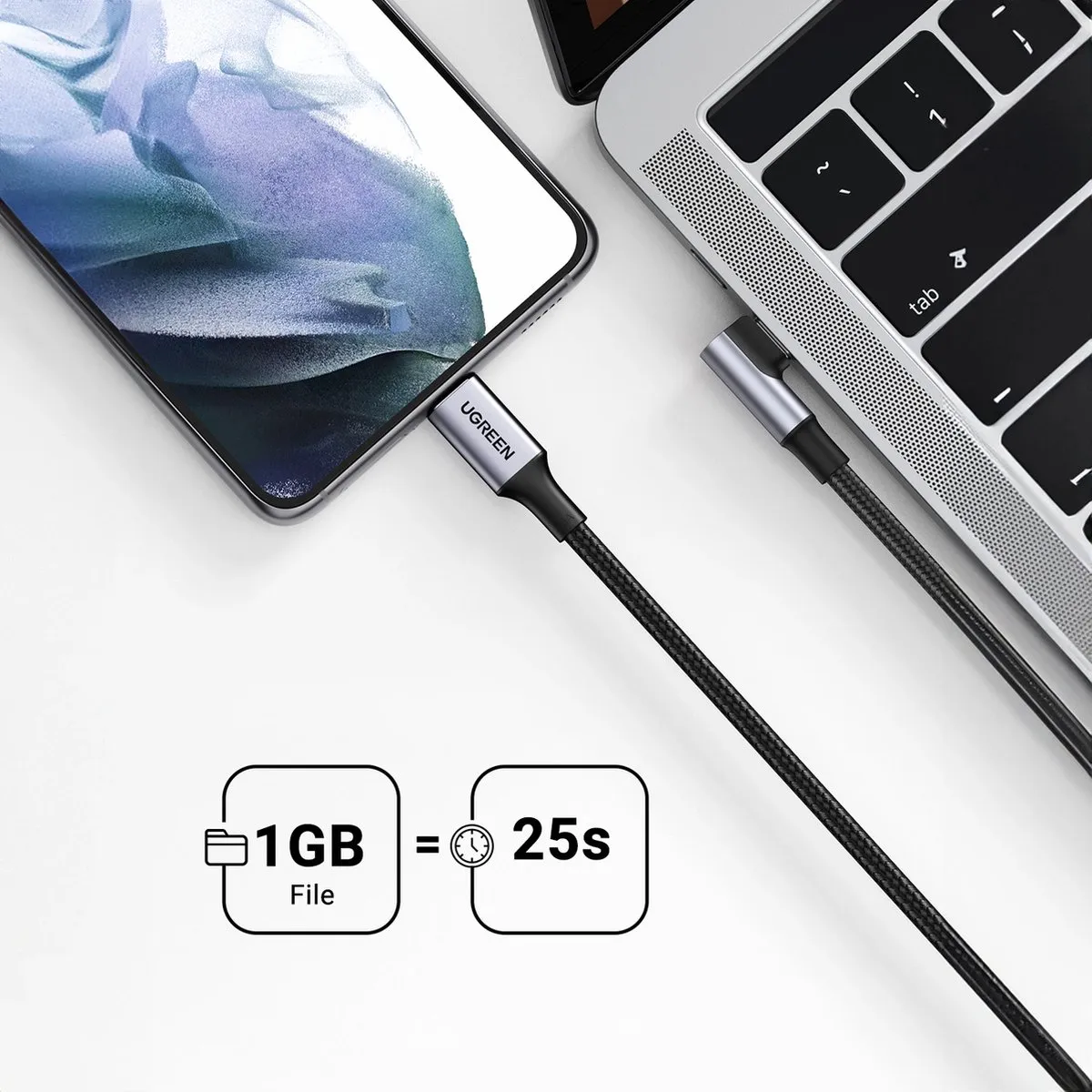 UGREEN US334 USB-C Haakse Kabel 2m - 480Mb/s - Zwart