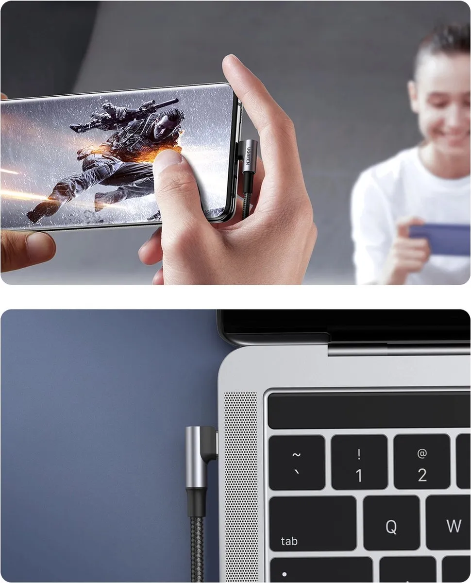 UGREEN US334 USB-C Haakse Kabel 2m - 480Mb/s - Zwart
