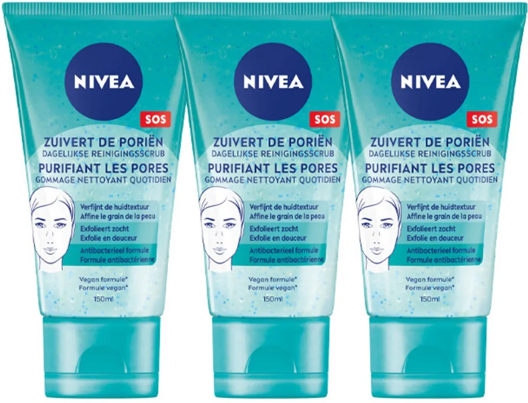 NIVEA Pure Effect Dagelijkse Reiniging Gezichtscrub 3x150ml