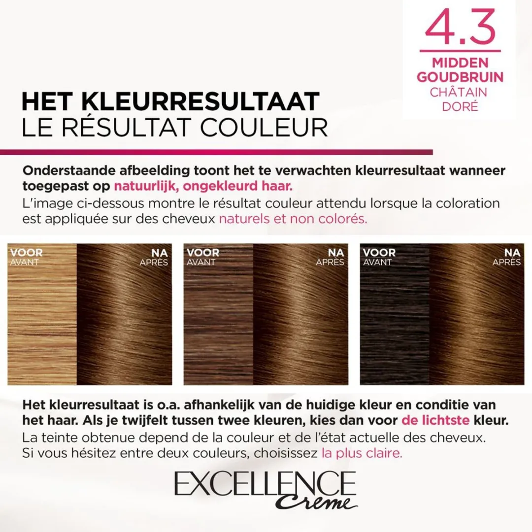 L'Oréal Paris Excellence Crèmekleuring 4.3 Midden Goudbruin - 2 Stuks