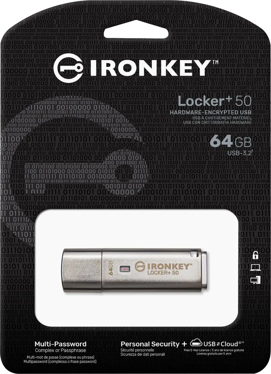 Kingston IronKey Locker+ 50 USB Stick 64GB - Grijs