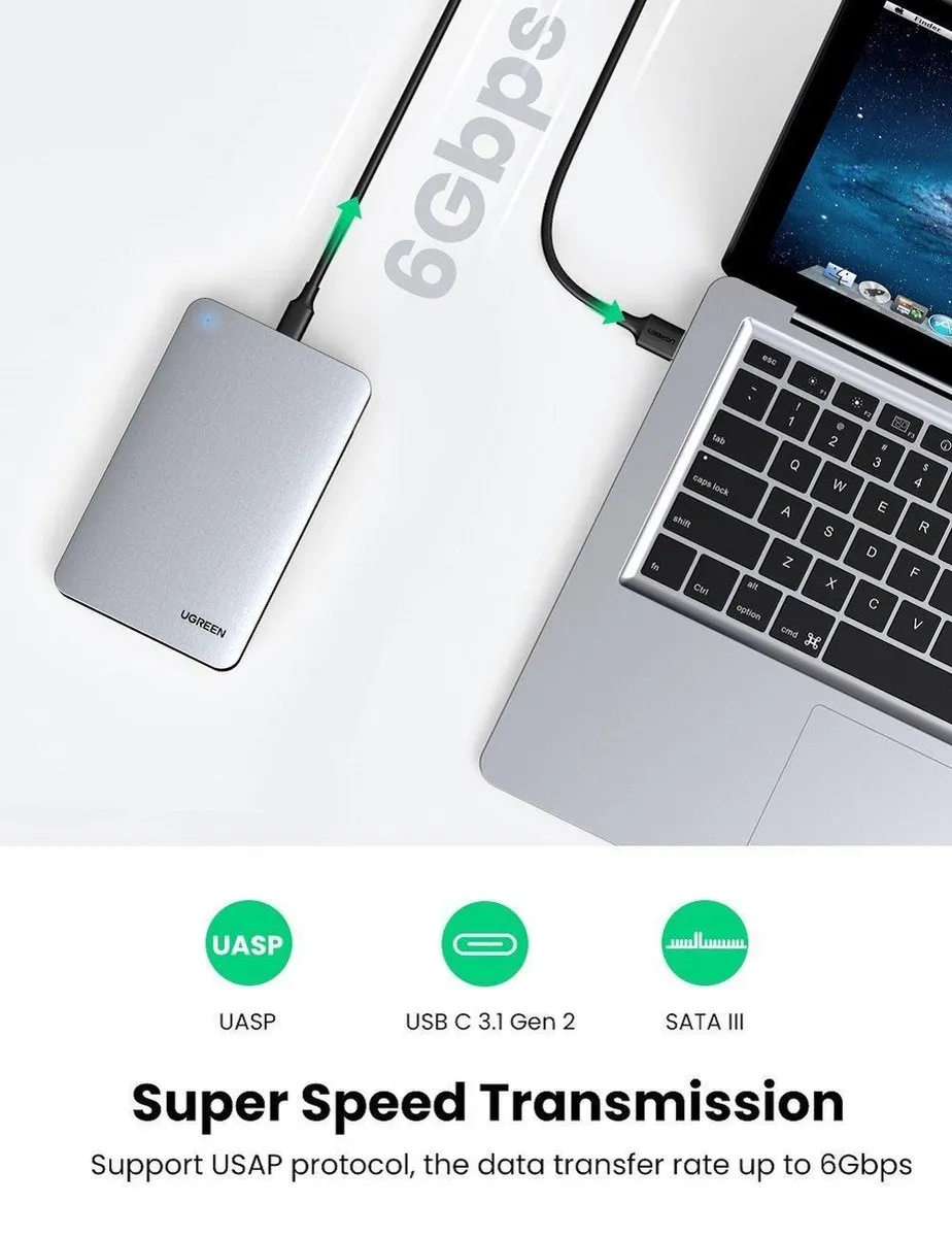 UGREEN 70498 Externe HDD/SSD Behuizing 2.5" - USB 3.1 Gen 2 - Grijs