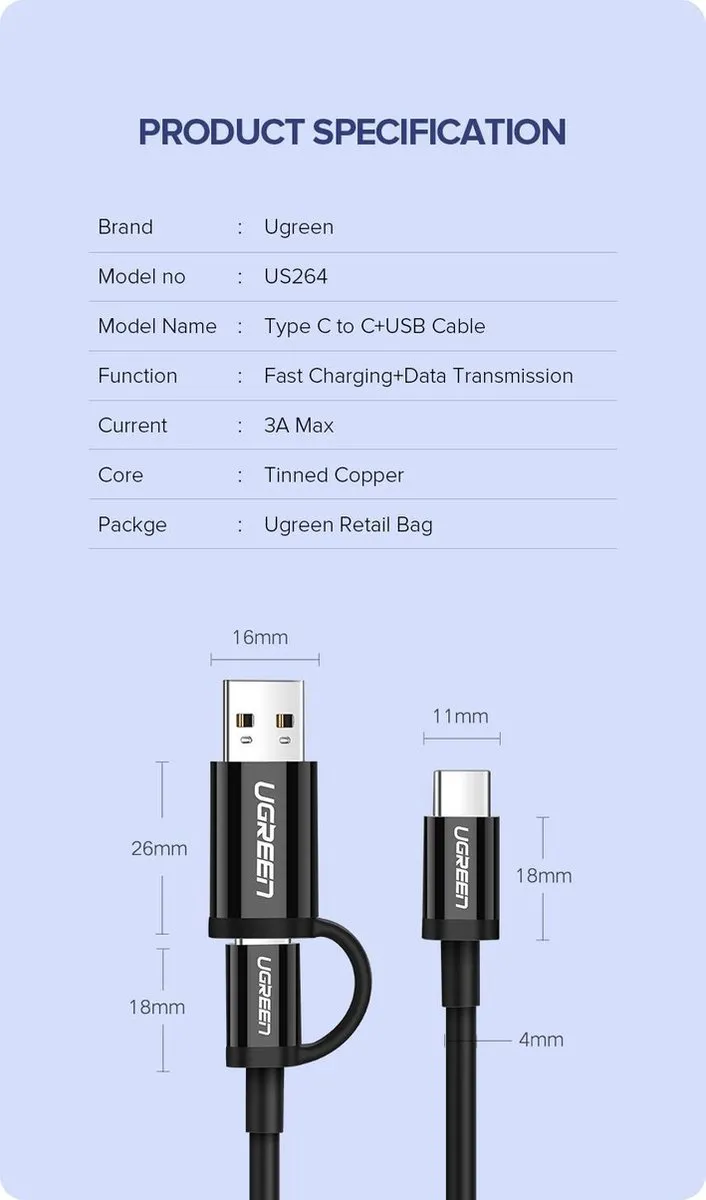 Ugreen 2in1 USB Kabel Micro USB/Type-C 1m 2.4A - Zwart