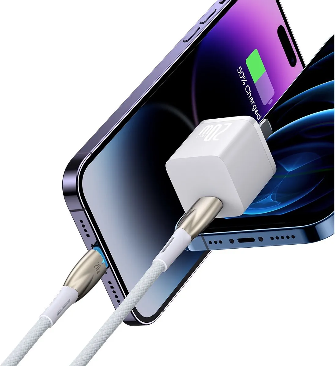 Baseus Glimmer Series USB-C naar Lightning Snellaadkabel 480Mb/s PD 20W 1m - Wit