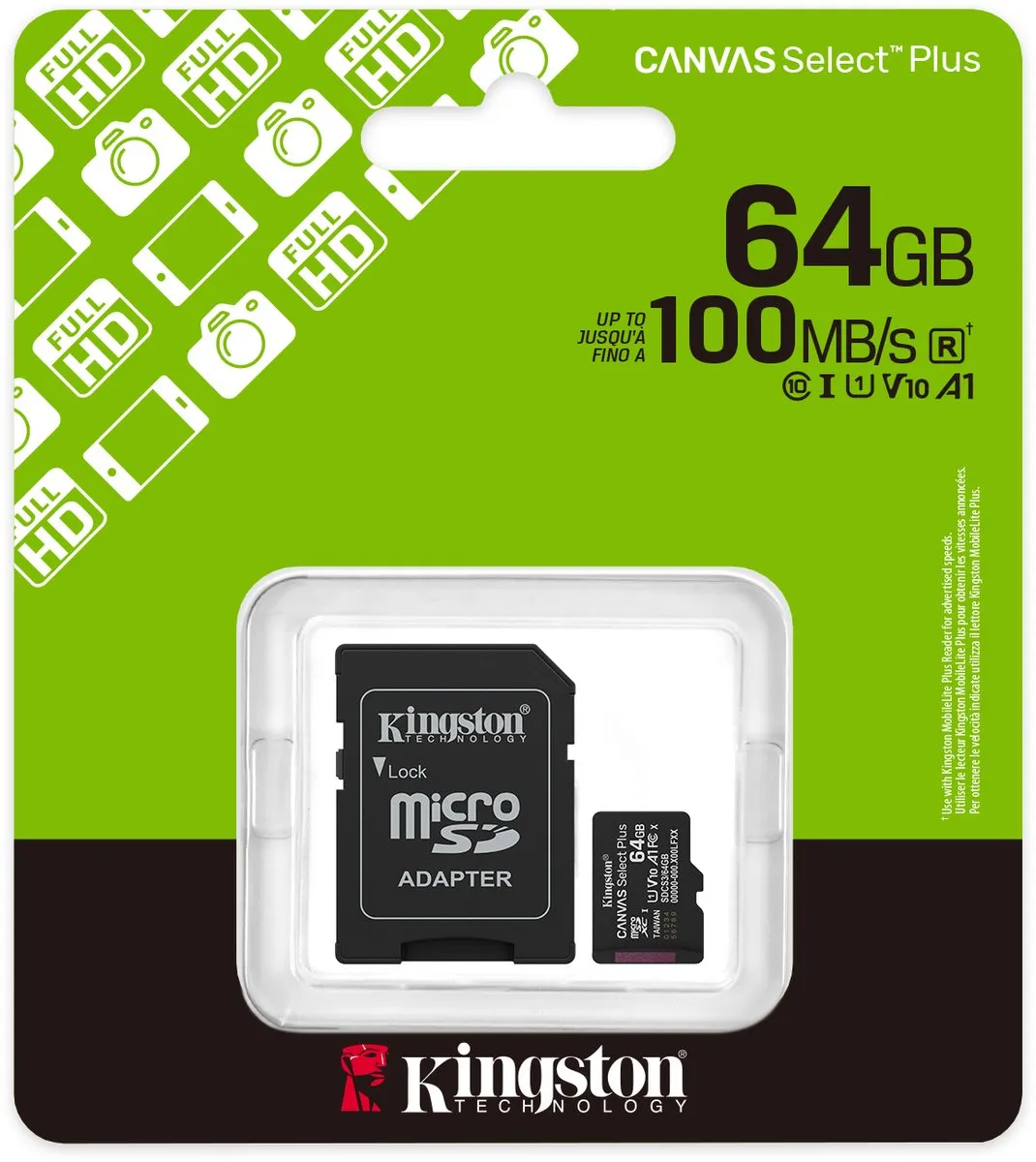Kingston Technology 64GB microSDXC Canvas Select Plus Gen3 100MB/s A1 kaart + adapter