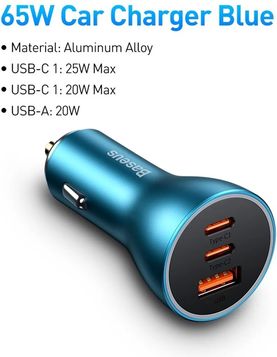 Baseus Autolader USB-A + 2x USB-C 65W - Paars