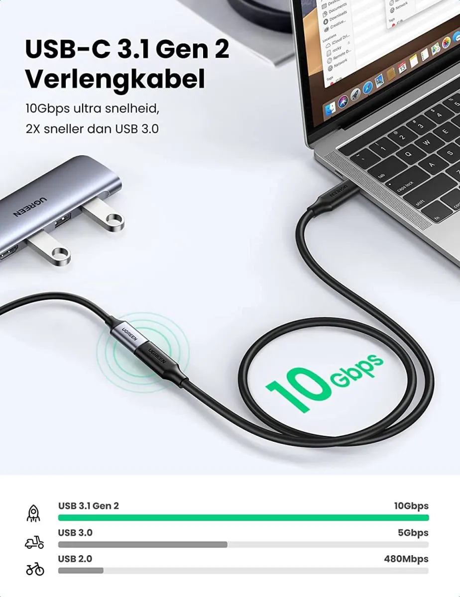 Ugreen USB-C Verlengkabel 100W 10Gb/s 1m - Zwart