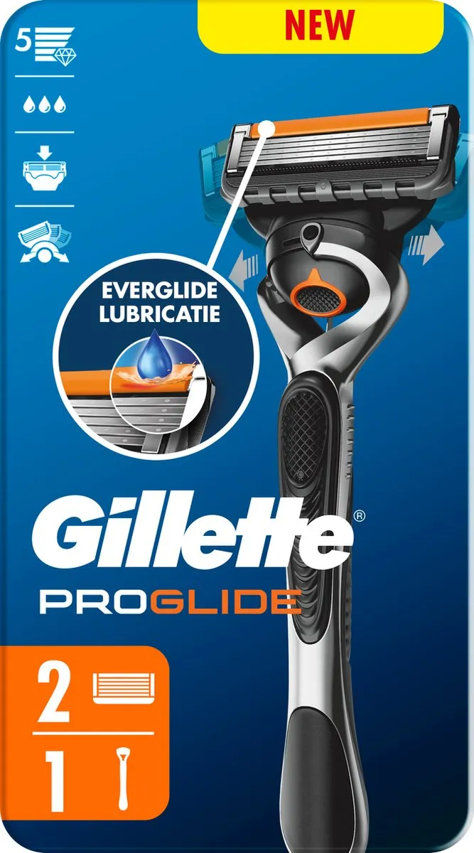 Gillette Proglide Handvat + 2 Scheermesjes - 5 Bladen - Zwart/Oranje
