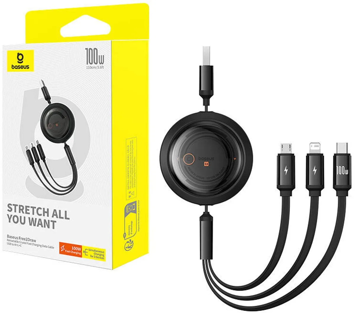 Baseus 3-in-1 USB-C Kabel 100W - 1,1m - Transparant