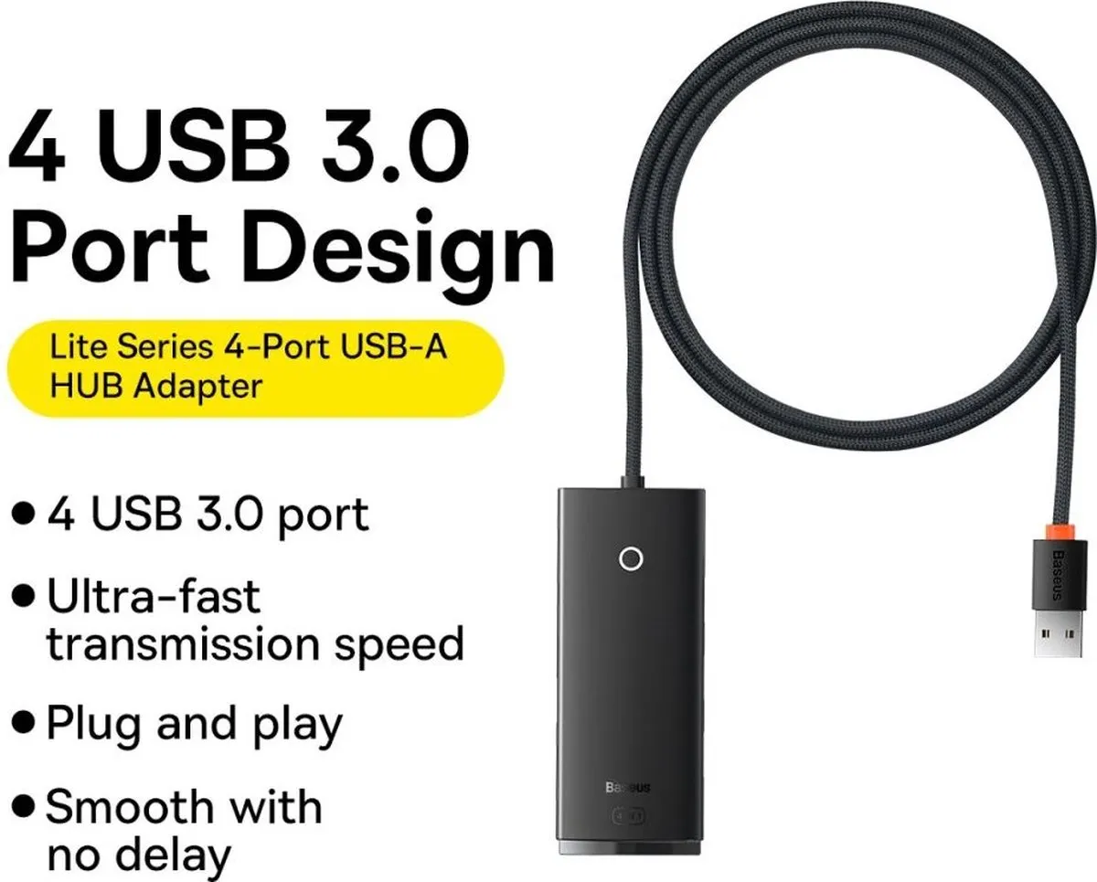 Baseus Lite Series HUB-adapter USB-A naar 4xUSB-A 3.0 5Gb/s - Zwart - afbeelding 6 van 6