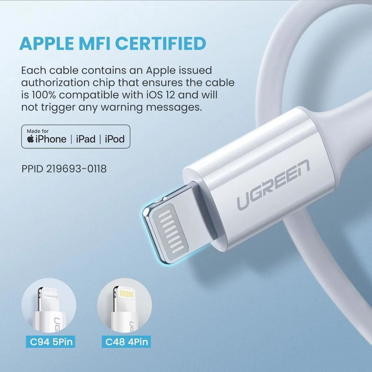 UGREEN USB-C naar Lightning Kabel 10493 - 1m - Wit