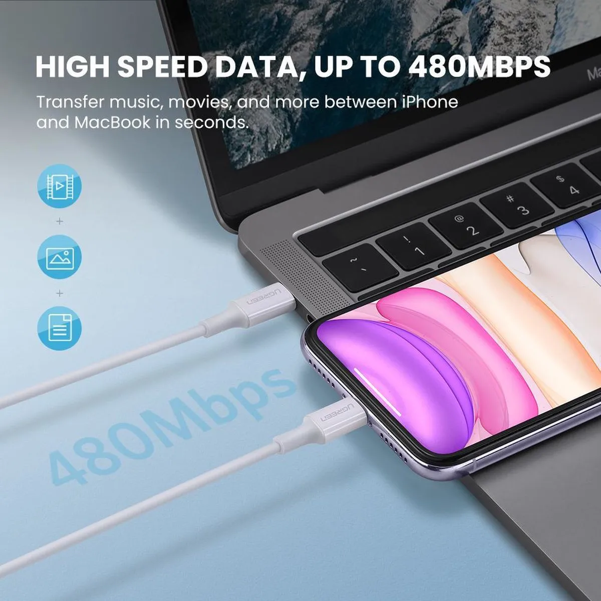 UGREEN USB-C naar Lightning Kabel 10493 - 1m - Wit - afbeelding 6 van 6