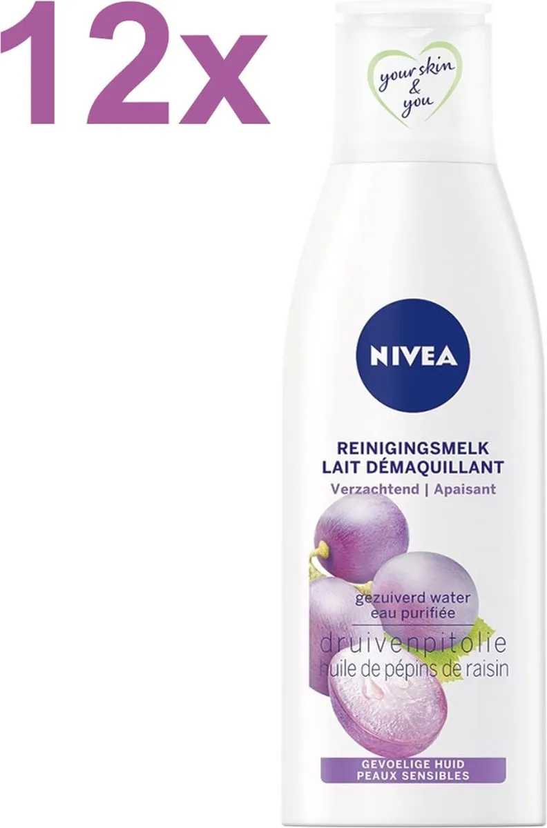 NIVEA Essentials Sensitive Reinigingsmelk Druivenpitolie - 12x 200ml
