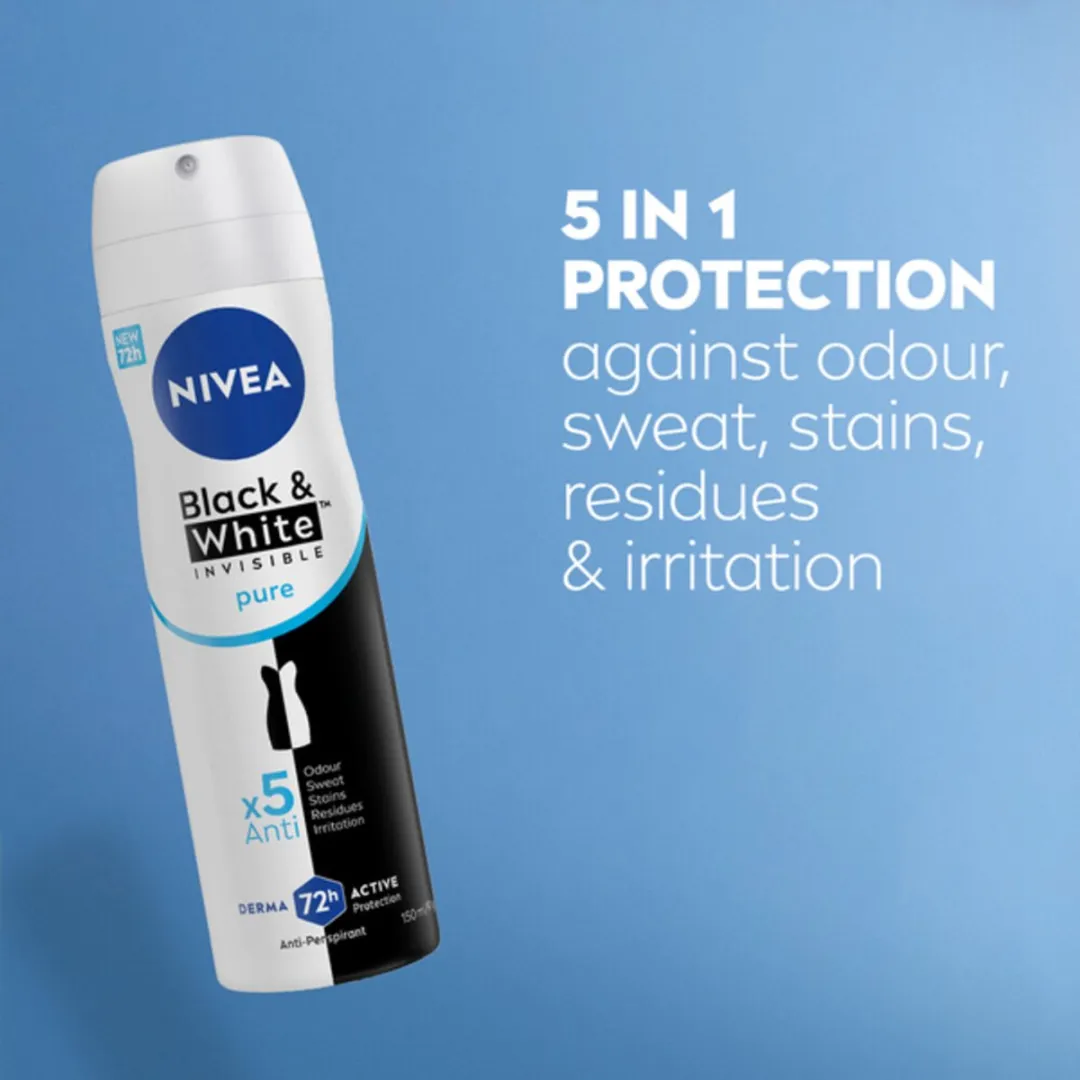 NIVEA Black & White Invisible Pure Deodorant Spray 150ml - 5 Stuks