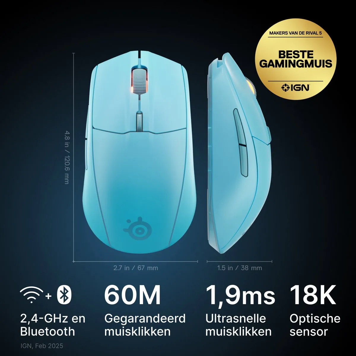 SteelSeries Rival 3 Wireless Gen 2 Gamingmuis 62526 - Lichtblauw