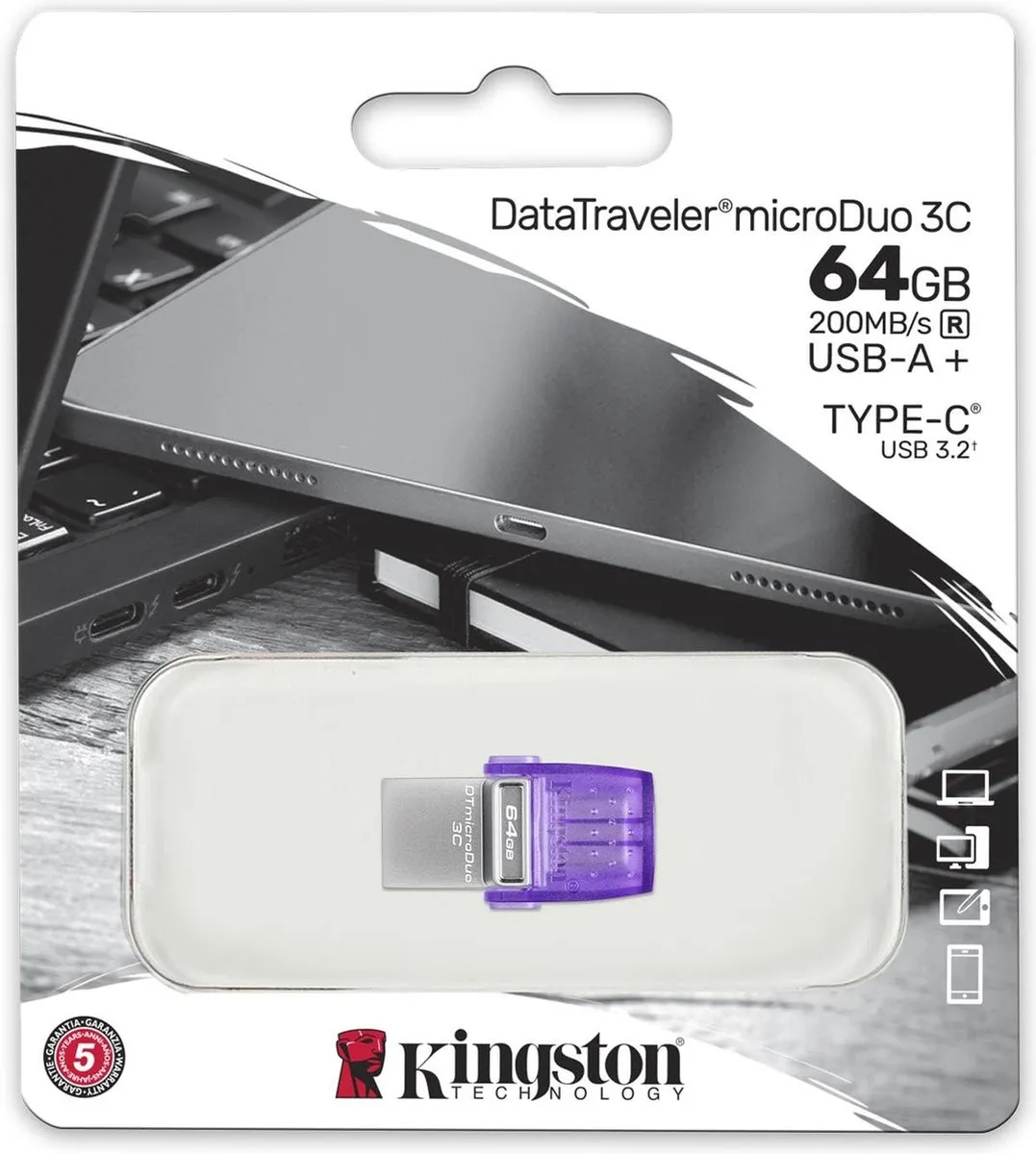 Kingston DataTraveler microDuo 3C 64GB USB-stick - RVS Violet - afbeelding 6 van 6