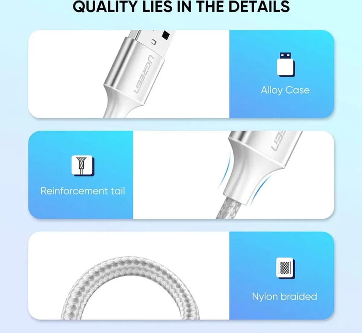 UGREEN 60130 USB-A naar USB-C Kabel - 3A Snelladen - 0.5m - Zilvergrijs - afbeelding 3 van 5