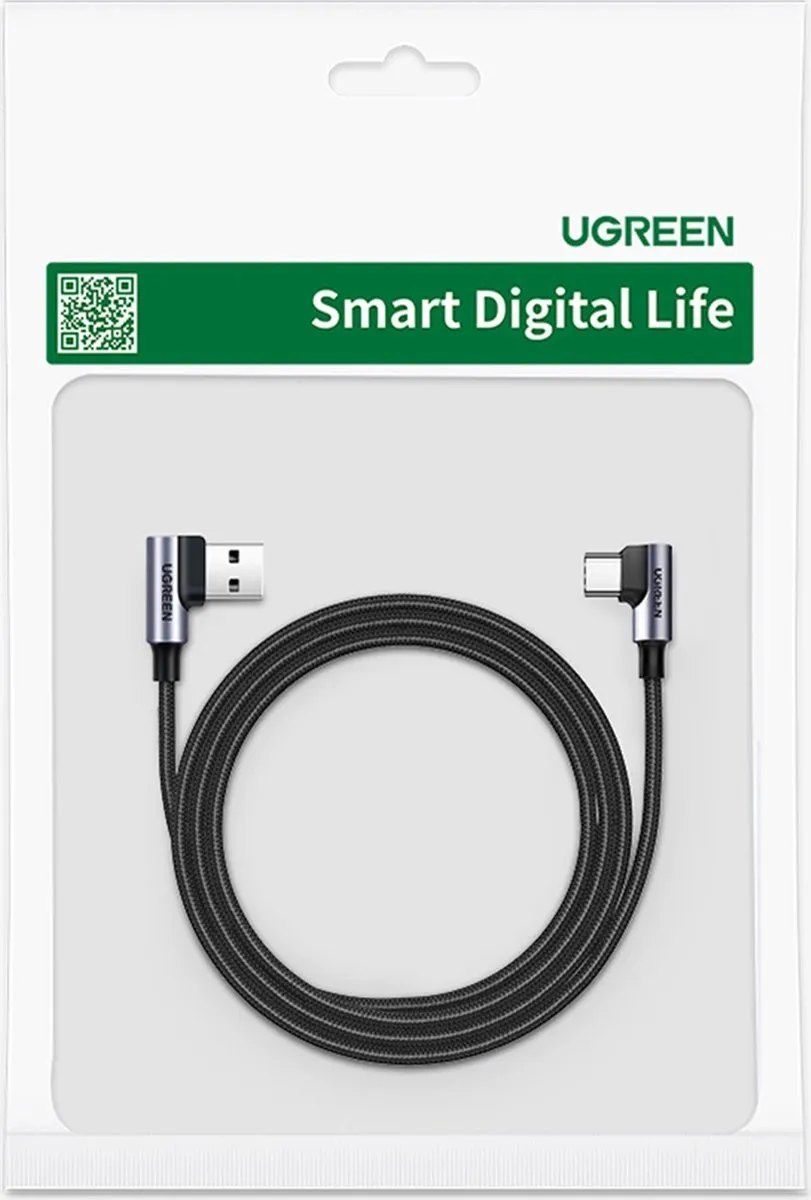 Ugreen US176 USB-C Haakse Kabel 3m - 480Mb/s - 3A - Zwart