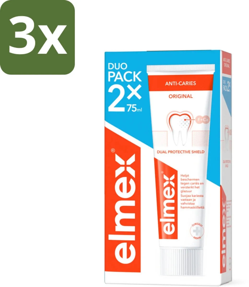 3 x Elmex – Tandpasta – Anti-Cariës – 2x75 ml - Tandpasta Tegen Gaatjes - Aminfluoride - Cariësbescherming - Remineralisatie - Tanden Beschermen