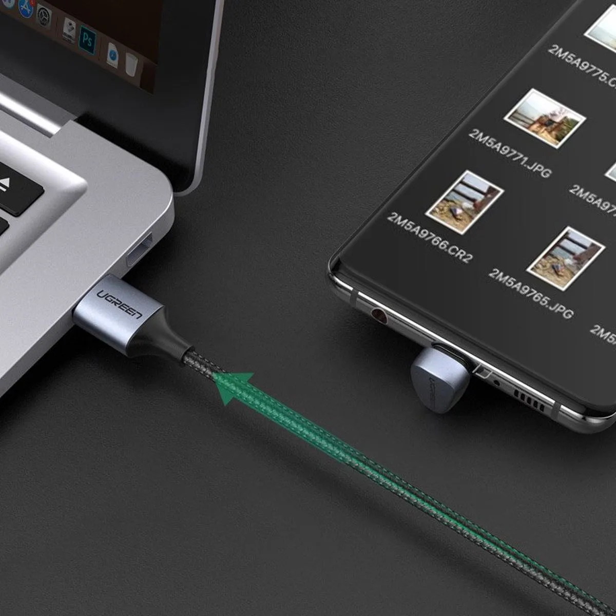 Ugreen Nylon Haakse USB-C Kabel 18W - Grijs