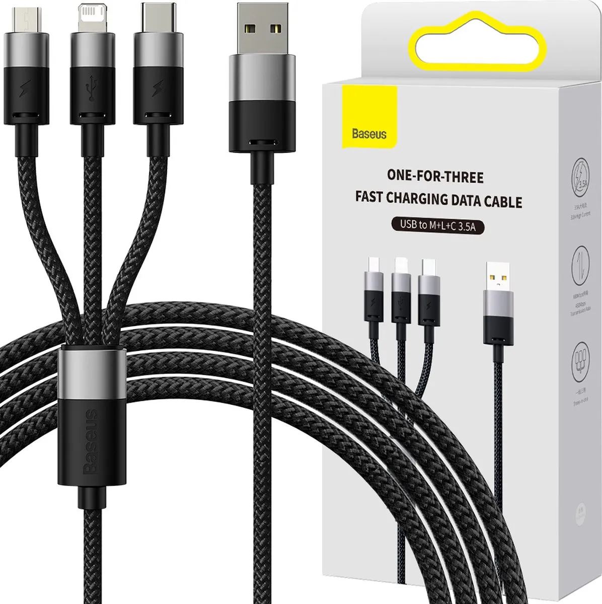Baseus StarSpeed 3-in-1 USB Kabel 3,5A 1,2m - Zwart