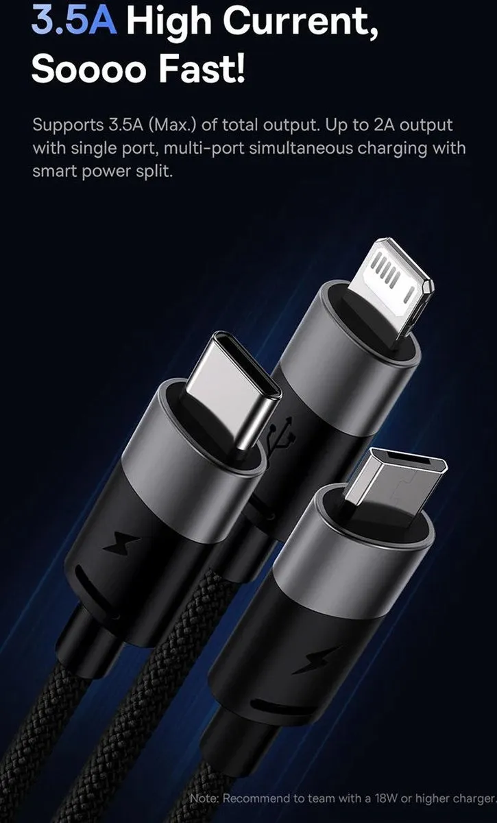 Baseus StarSpeed 3-in-1 USB Kabel 3,5A 1,2m - Zwart
