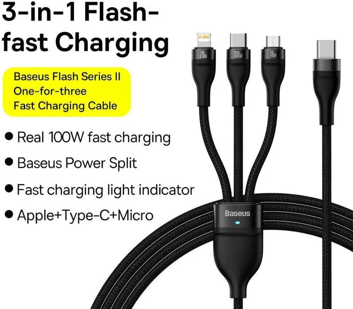 Baseus USB-A naar Lightning/USB-C/Micro USB Kabel 100W 1,2m - Paars