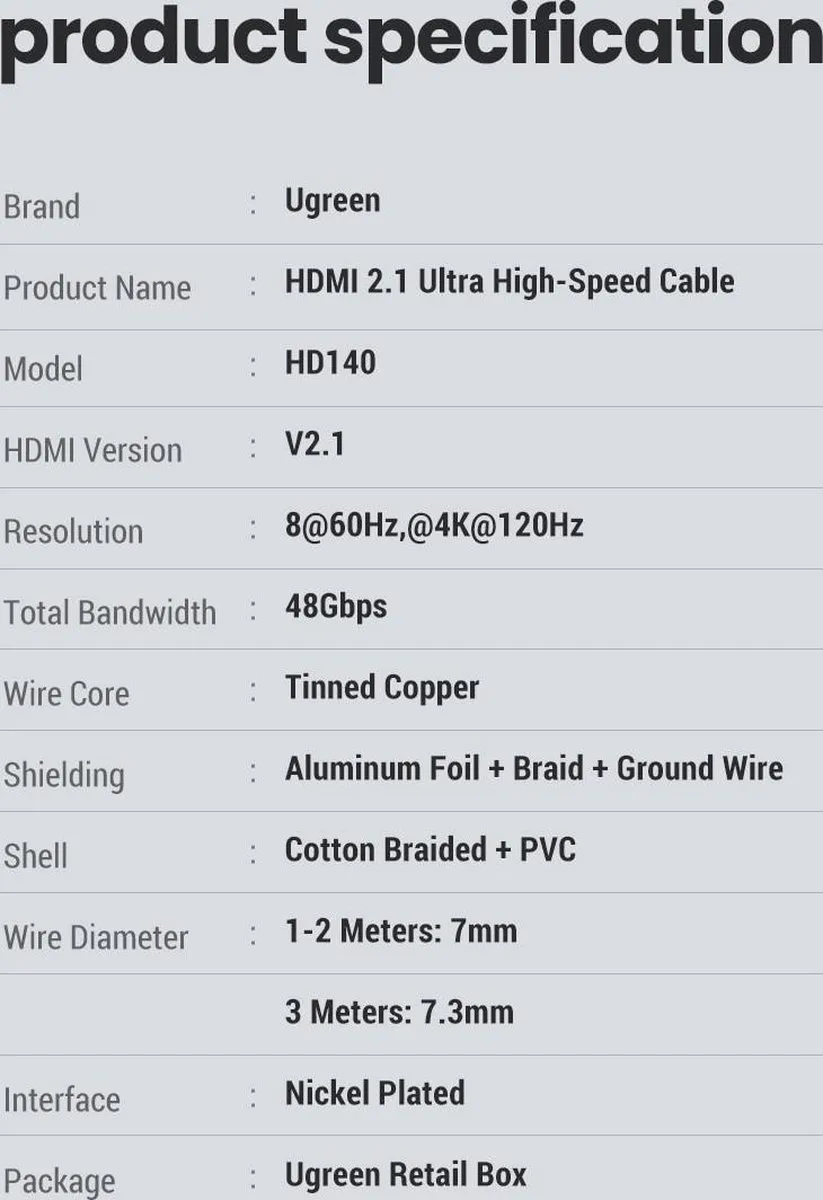 UGREEN HDMI 2.1 Kabel 8K60 4K120 1m - Zwart