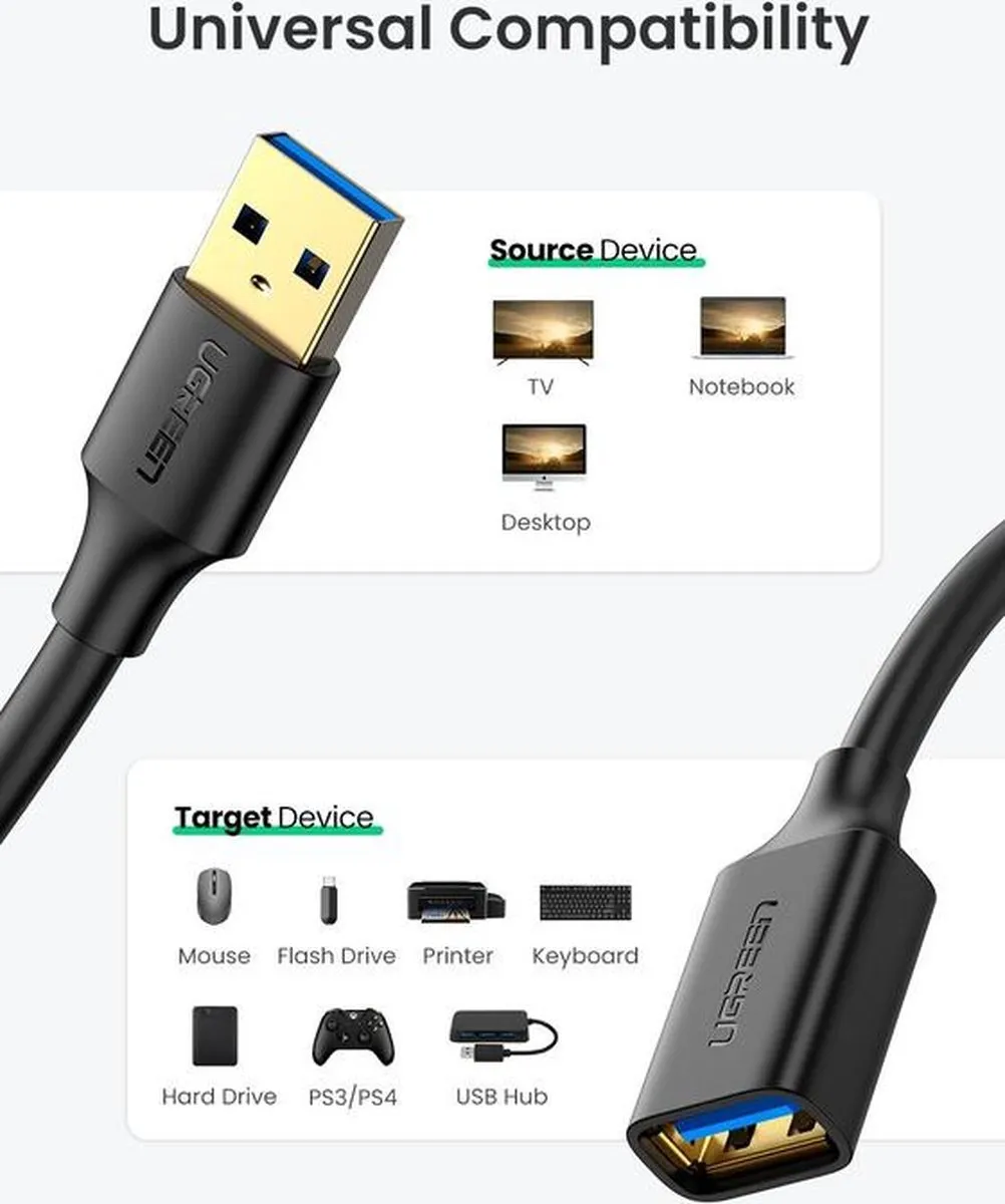 Ugreen USB 3.0 Verlengkabel 5Gbps 1m - Goud