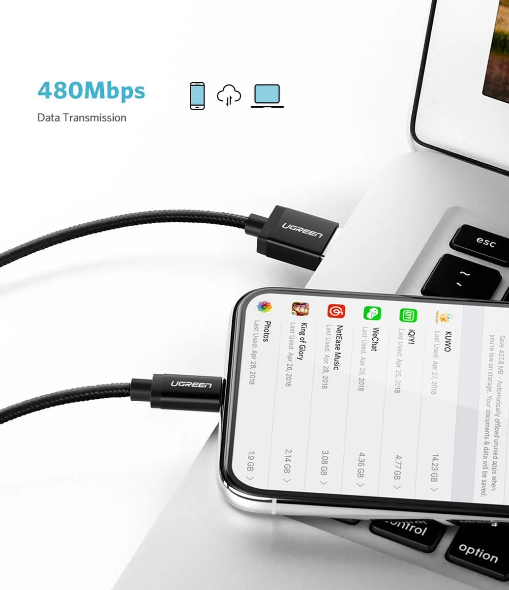 UGREEN Lightning naar USB-kabel 2.4A 1m - Transparent - afbeelding 6 van 6