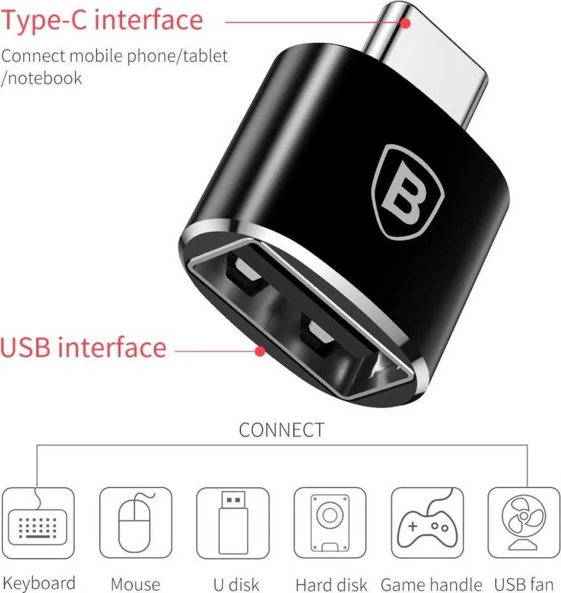 Baseus CATOTG-01 USB naar USB Type-C OTG-adapter - Zwart - afbeelding 6 van 6