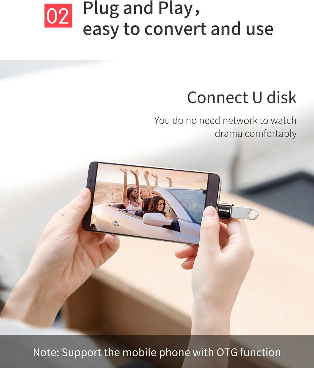 Baseus CATOTG-01 USB naar USB Type-C OTG-adapter - Zwart