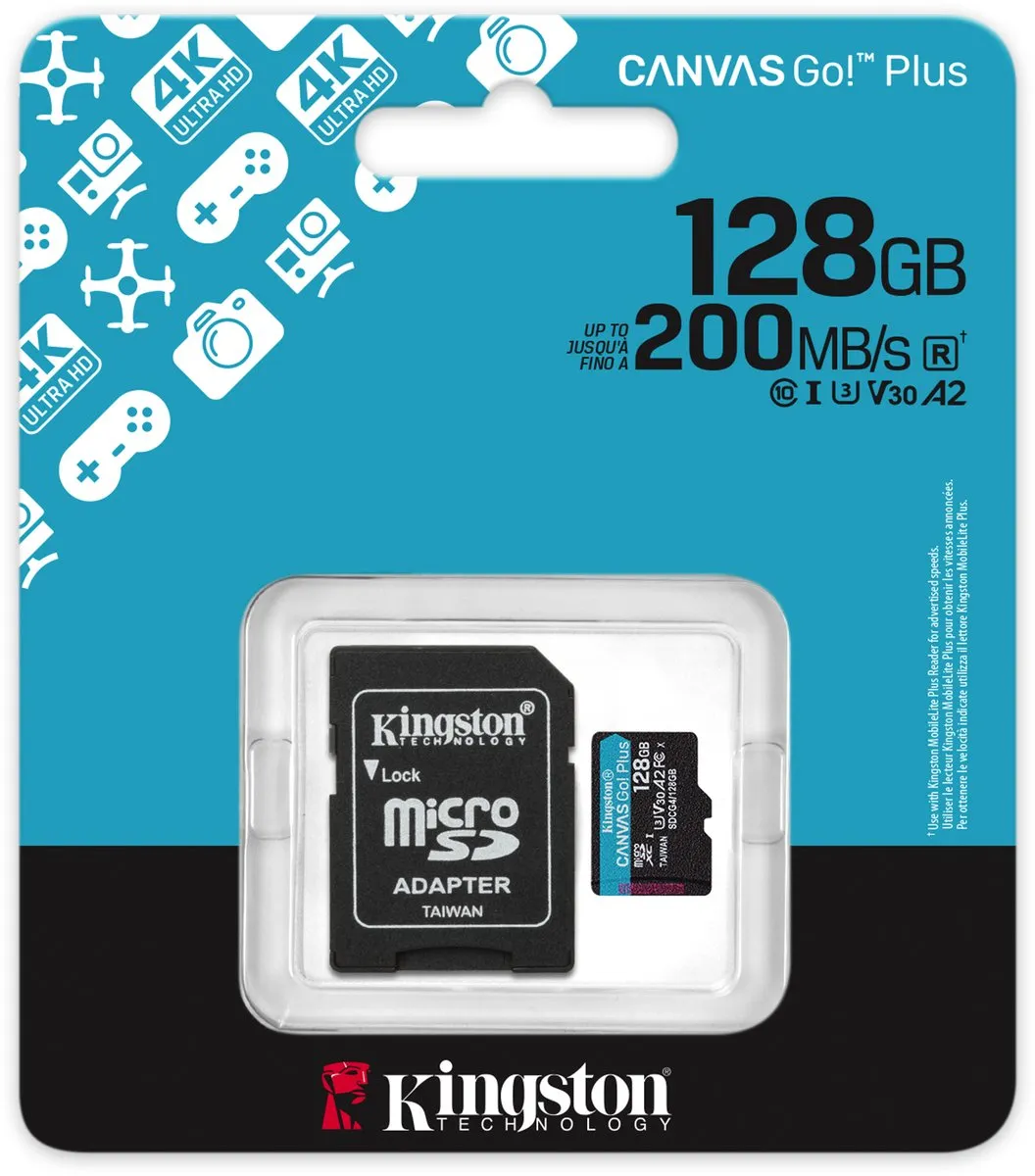 Kingston Canvas Go! Plus SDCG4/128GB microSDXC 128GB - 200MB/s A2 U3 V30
