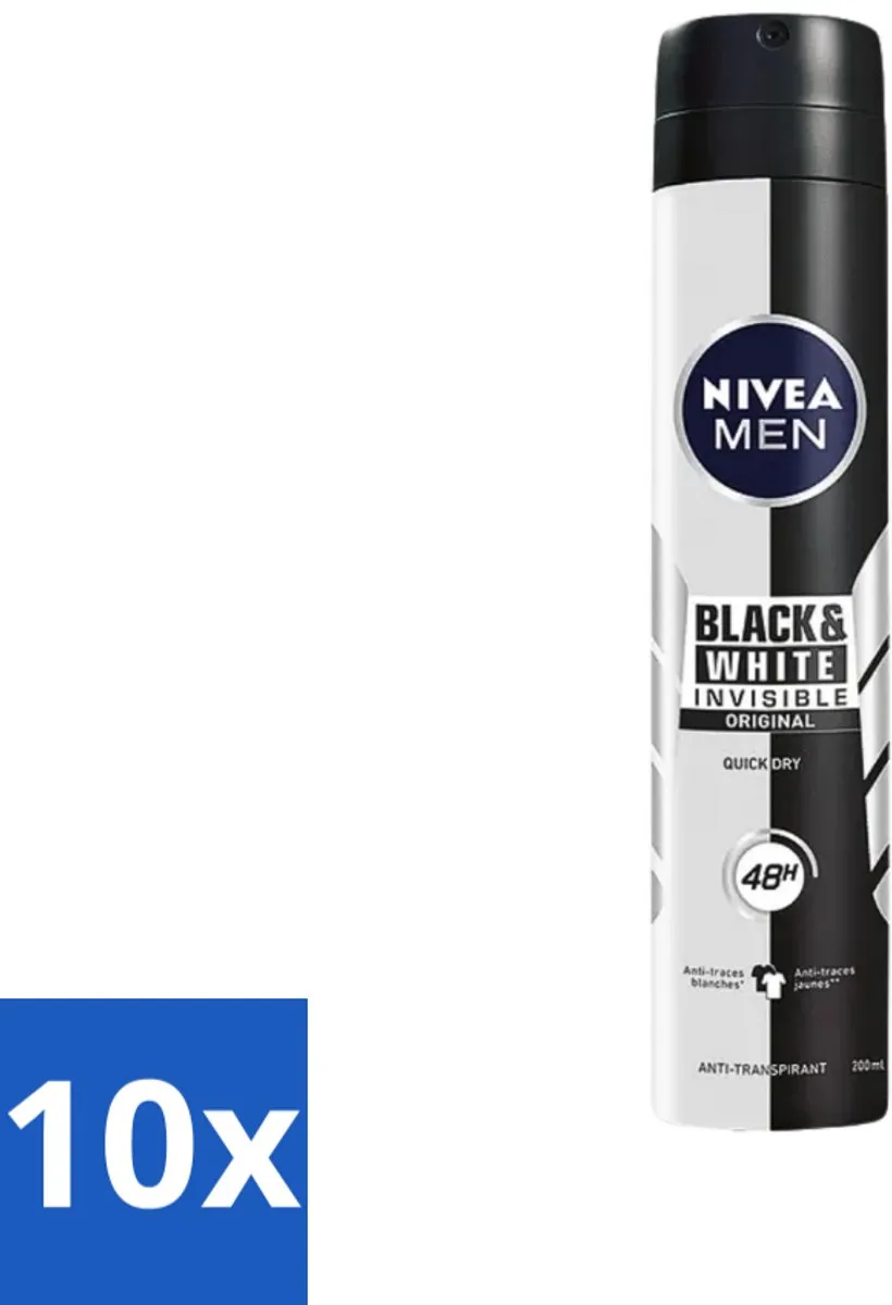 10 x Nivea - Men - Deodorant - Spray - Black & White Invisible Original - 150 ml - Deodorant Spray - Anti-transpirant - 48 Uur Bescherming - Anti-vlek - Zwart En Wit