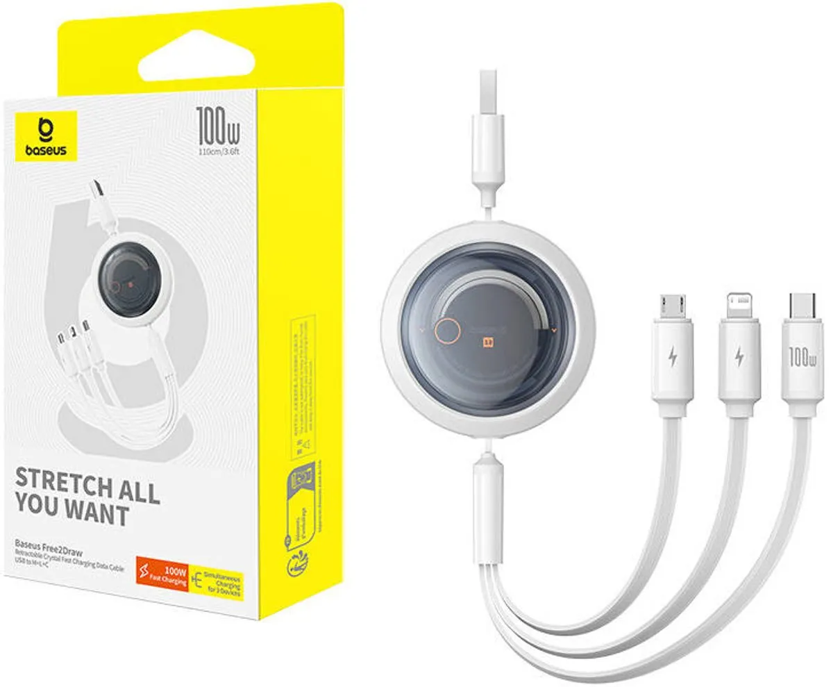 Baseus 3-in-1 USB-C Lightning Micro-USB Kabel 100W - 1,1m - Transparent