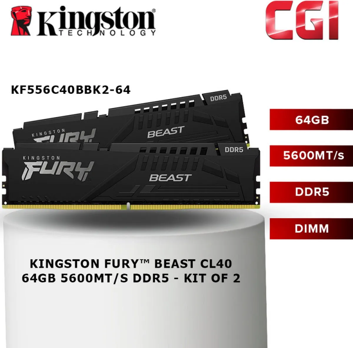 Kingston FURY Beast Black XMP KF556C40BBK2-64 DDR5 RAM - 64GB (2x32GB) 5600MHz
