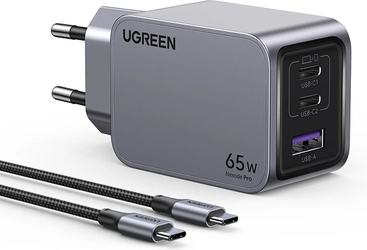 Ugreen 65W Nexode Pro Wandlader - 1,5m Kabel - Grijs