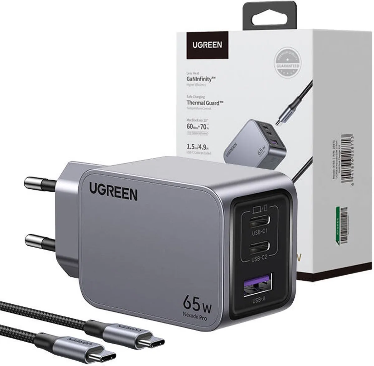 Ugreen 65W Nexode Pro Wandlader - 1,5m Kabel - Grijs