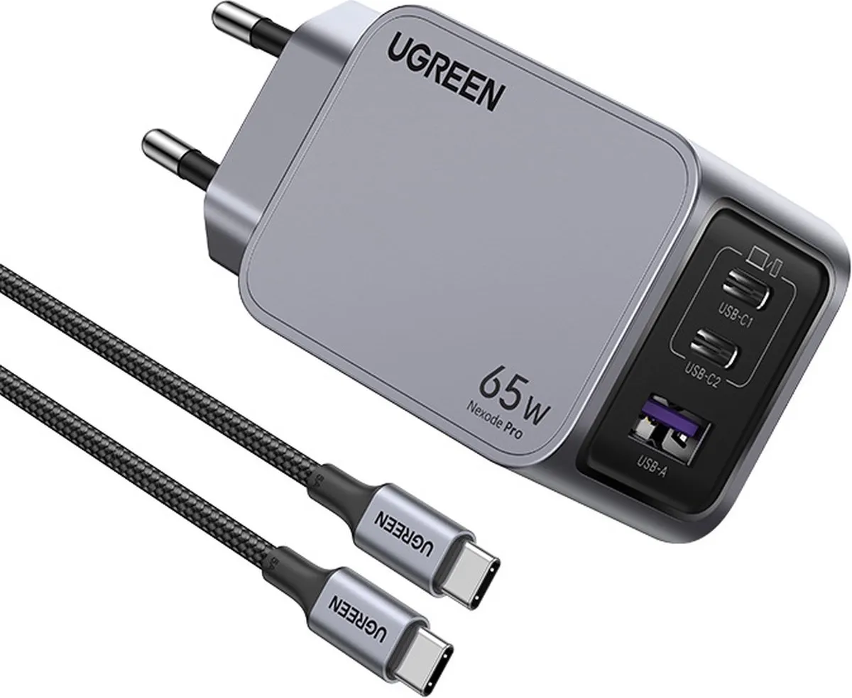 Ugreen 65W Nexode Pro Wandlader - 1,5m Kabel - Grijs