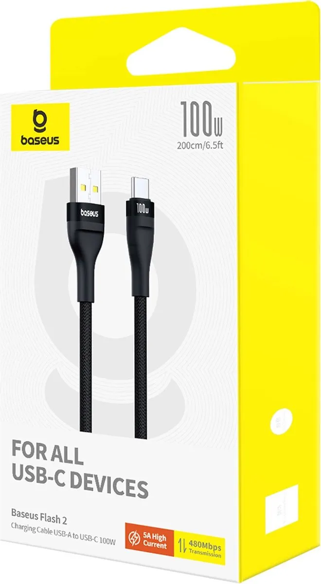 Baseus Flash USB-C Kabel 100W - 2m - Zwart - afbeelding 6 van 6